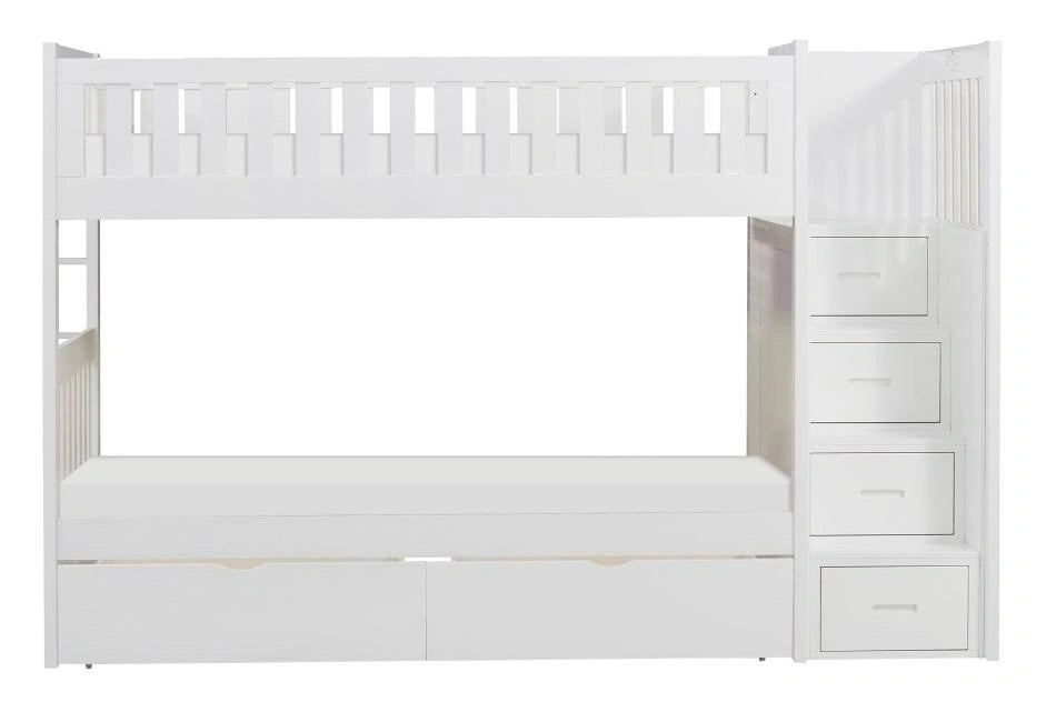 Galen Bunk Bed w/ Reversible Step Storage and Storage Boxes in White B2053SBW-1*T