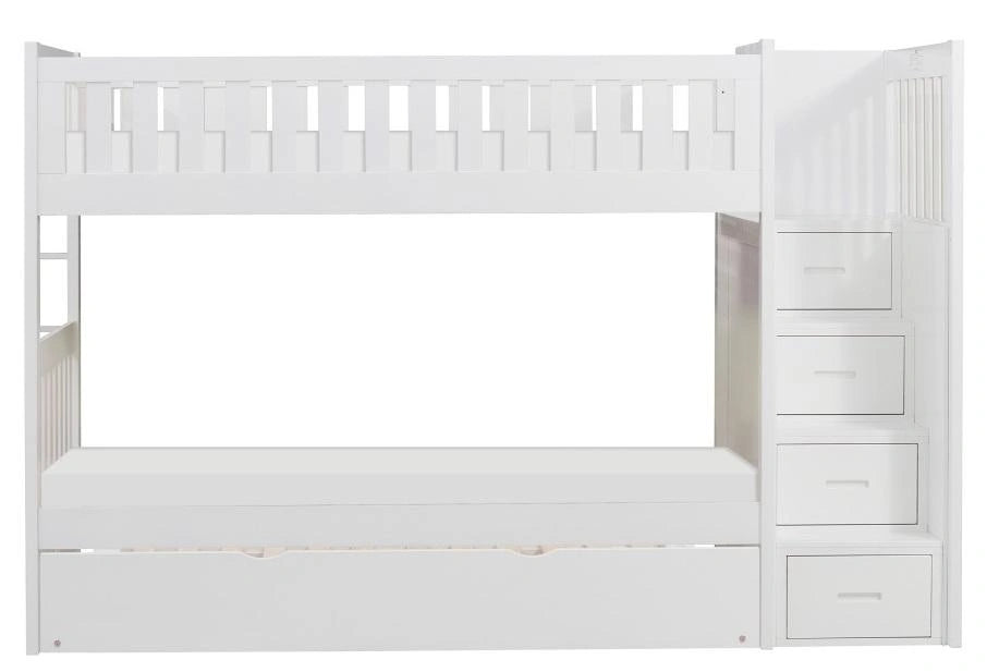 Galen Bunk Bed w/ Reversible Step Storage and Twin Trundle in White B2053SBW-1*R