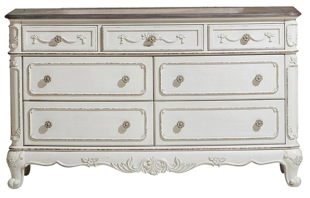 Cinderella 7 Drawer Dresser in Antique White with Grey Rub-Through 1386NW-5